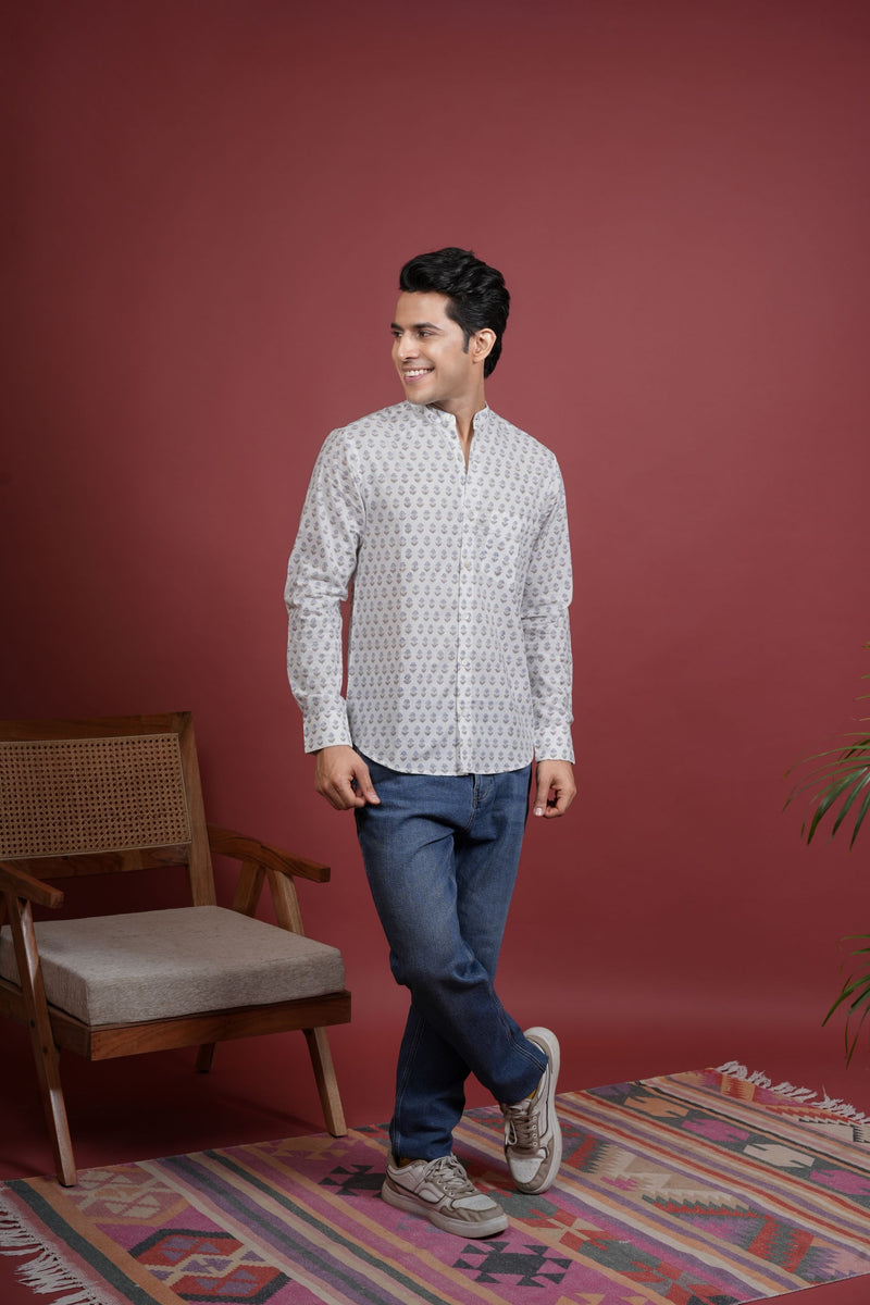 White Cotton Handblock Printed Shirt For Men's