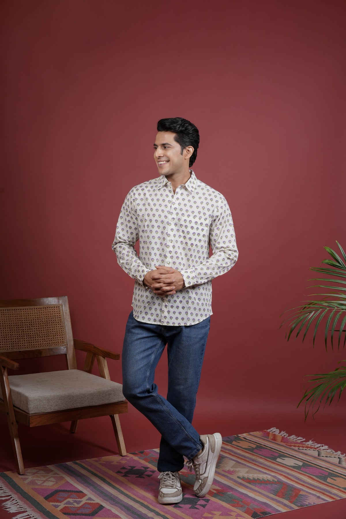 CREAM , MULTICOLORED COTTON COLLAR NECK FLORAL BOOTI PRINT SHIRT FOR MEN'S