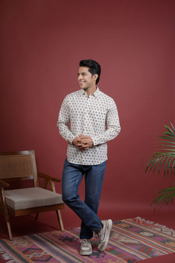 CREAM , MULTICOLORED COTTON COLLAR NECK FLORAL BOOTI PRINT SHIRT FOR MEN'S