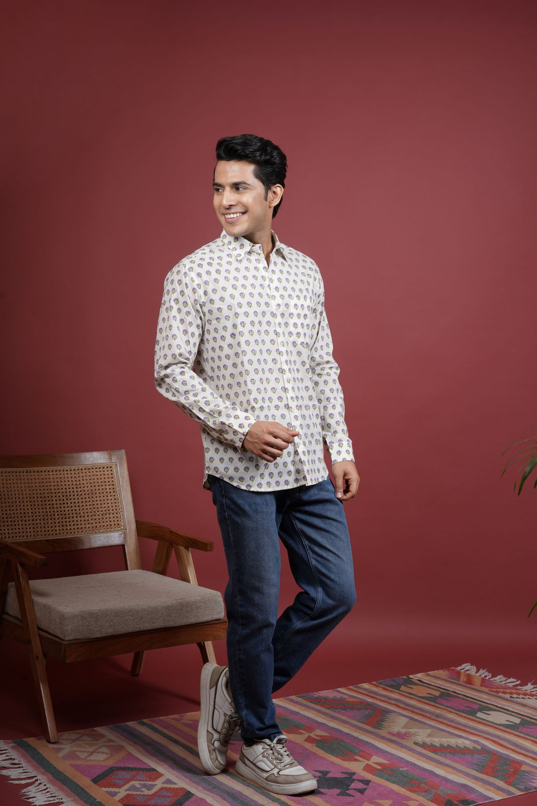 CREAM , MULTICOLORED COTTON COLLAR NECK FLORAL BOOTI PRINT SHIRT FOR MEN'S