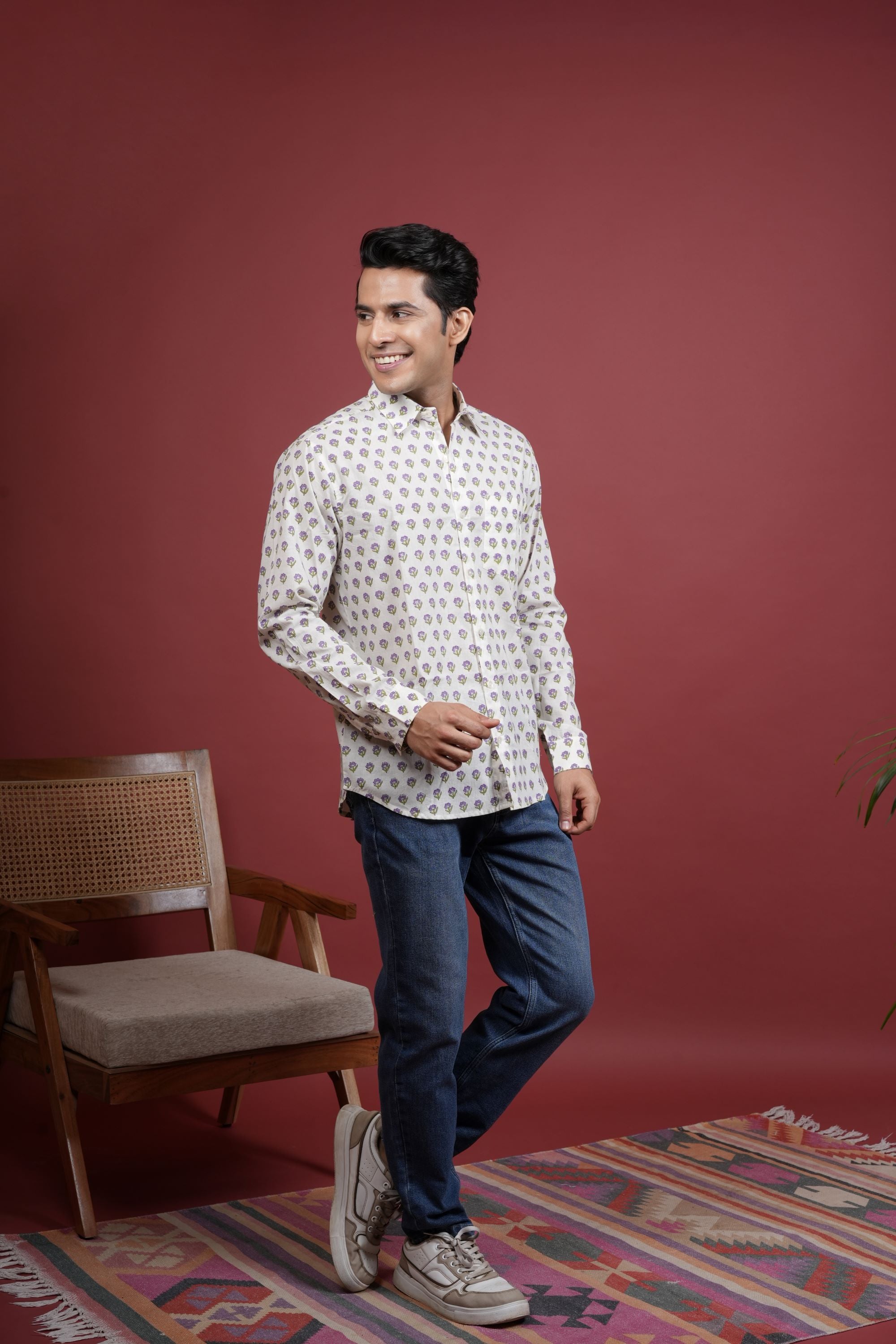 CREAM , MULTICOLORED COTTON COLLAR NECK FLORAL BOOTI PRINT SHIRT FOR MEN'S