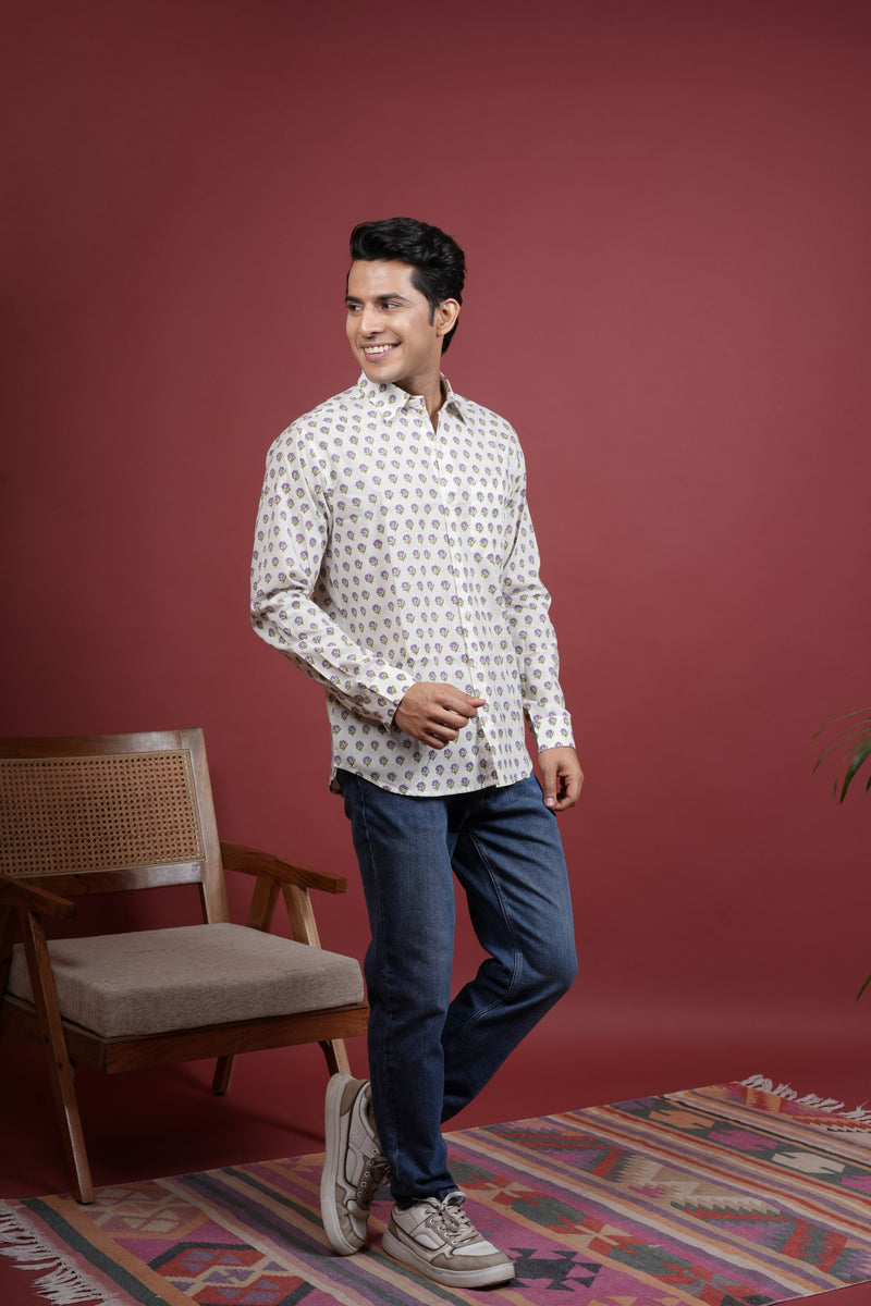 CREAM , MULTICOLORED COTTON COLLAR NECK FLORAL BOOTI PRINT SHIRT FOR MEN'S