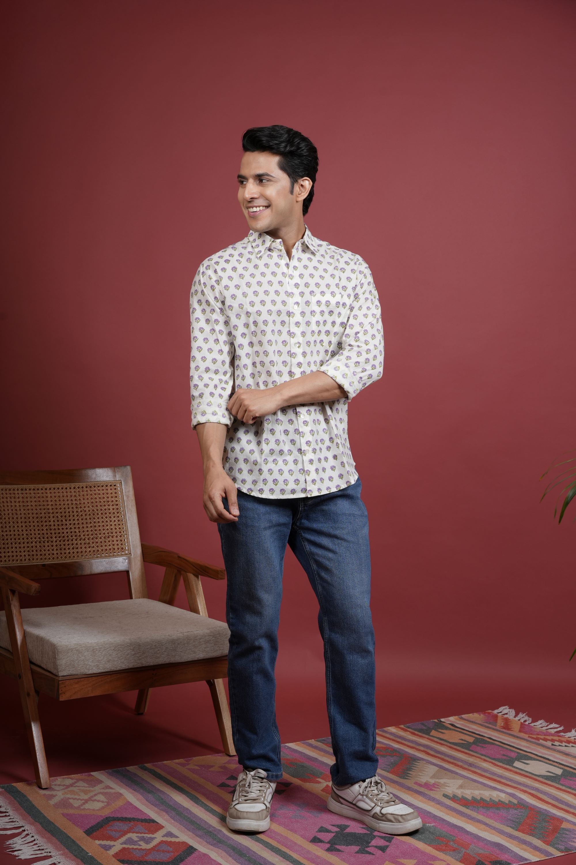 CREAM , MULTICOLORED COTTON COLLAR NECK FLORAL BOOTI PRINT SHIRT FOR MEN'S