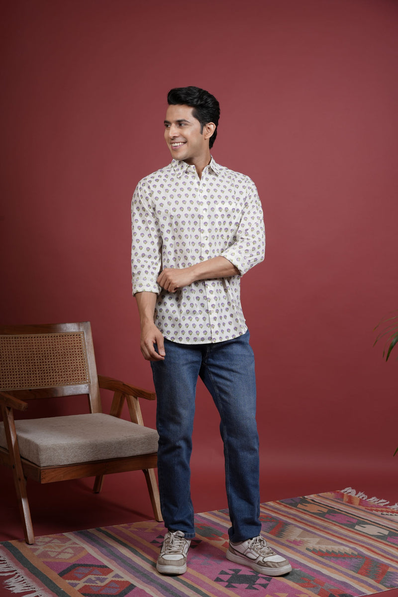 CREAM , MULTICOLORED COTTON COLLAR NECK FLORAL BOOTI PRINT SHIRT FOR MEN'S