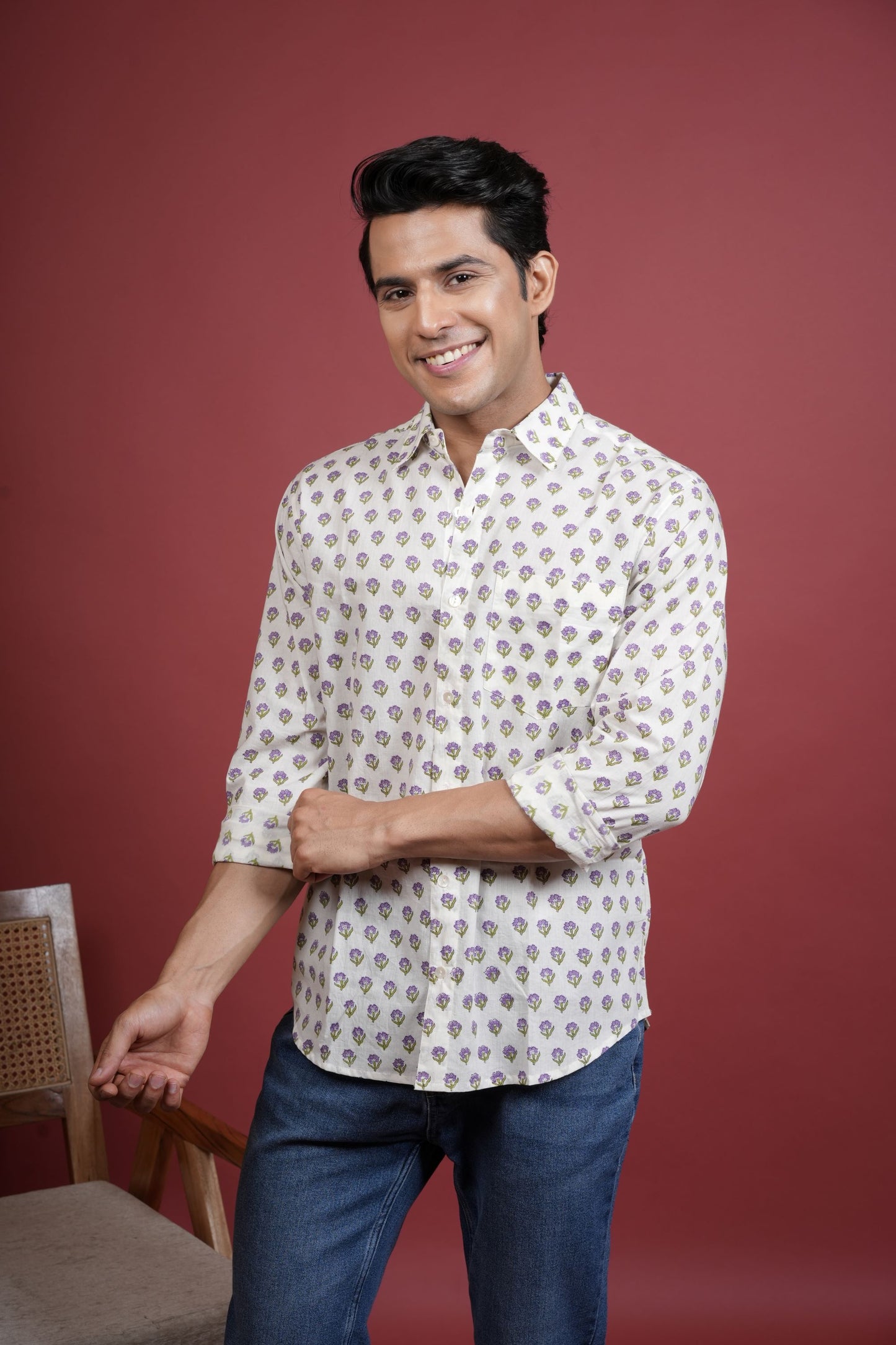 CREAM , MULTICOLORED COTTON COLLAR NECK FLORAL BOOTI PRINT SHIRT FOR MEN'S