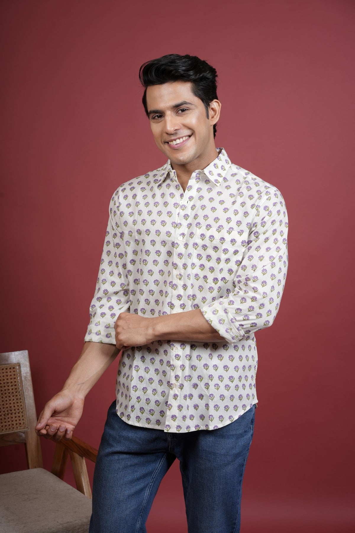 CREAM , MULTICOLORED COTTON COLLAR NECK FLORAL BOOTI PRINT SHIRT FOR MEN'S