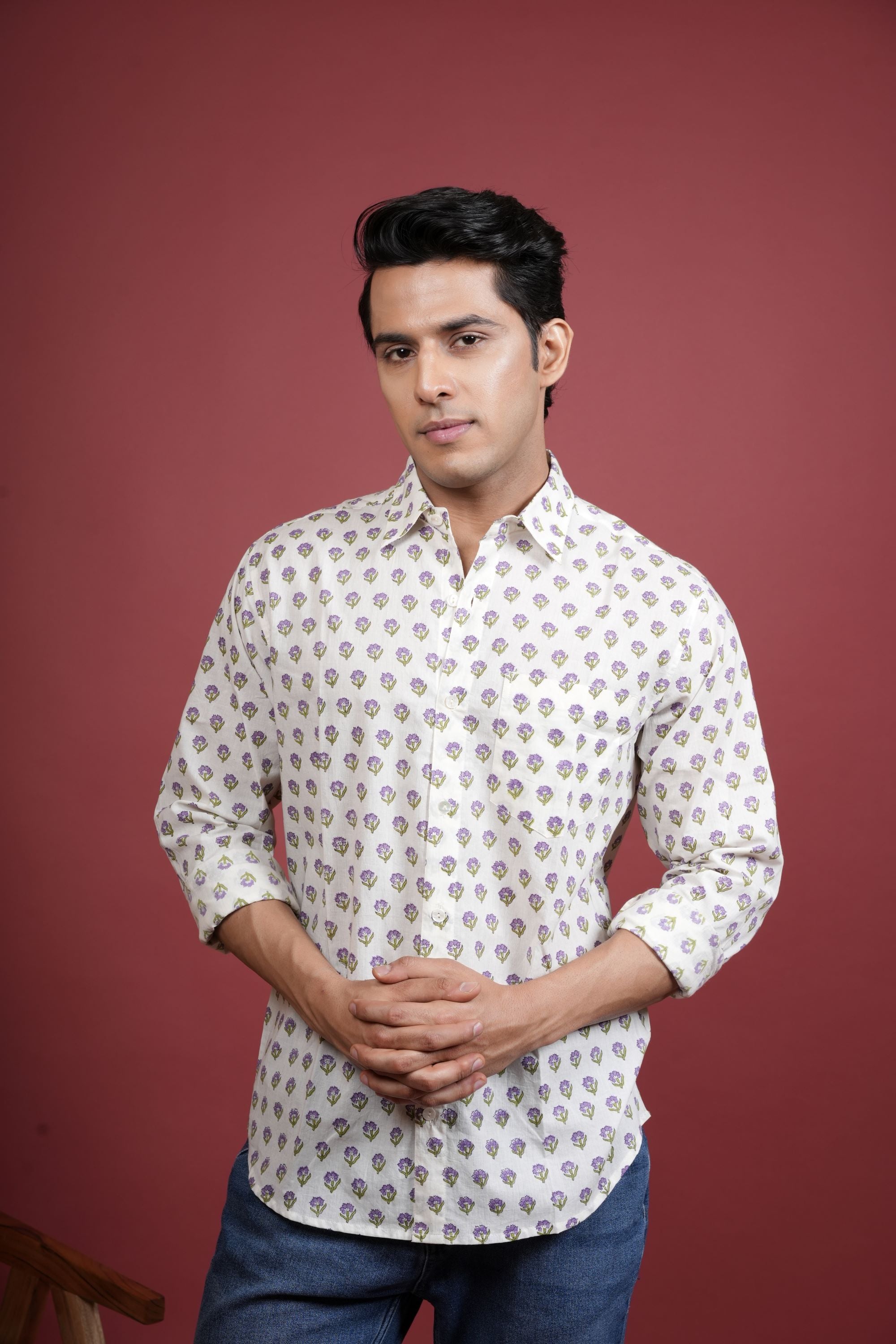 CREAM , MULTICOLORED COTTON COLLAR NECK FLORAL BOOTI PRINT SHIRT FOR MEN'S