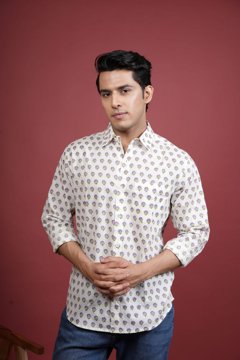 CREAM , MULTICOLORED COTTON COLLAR NECK FLORAL BOOTI PRINT SHIRT FOR MEN'S