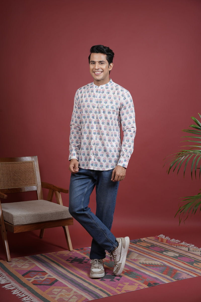 OFF WHITE,MULTICOLORED Chinese collar HANDBLOCK SHIRT FOR MEN'S