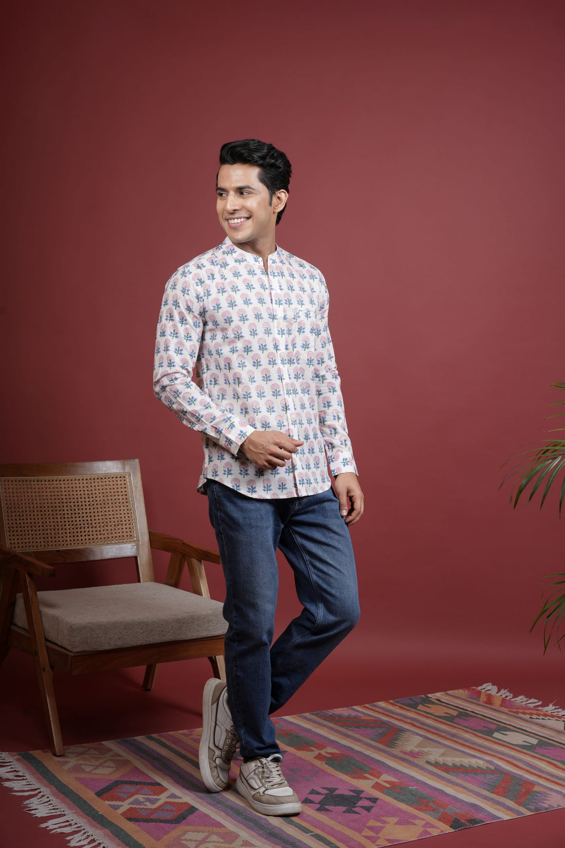 OFF WHITE,MULTICOLORED Chinese collar HANDBLOCK SHIRT FOR MEN'S
