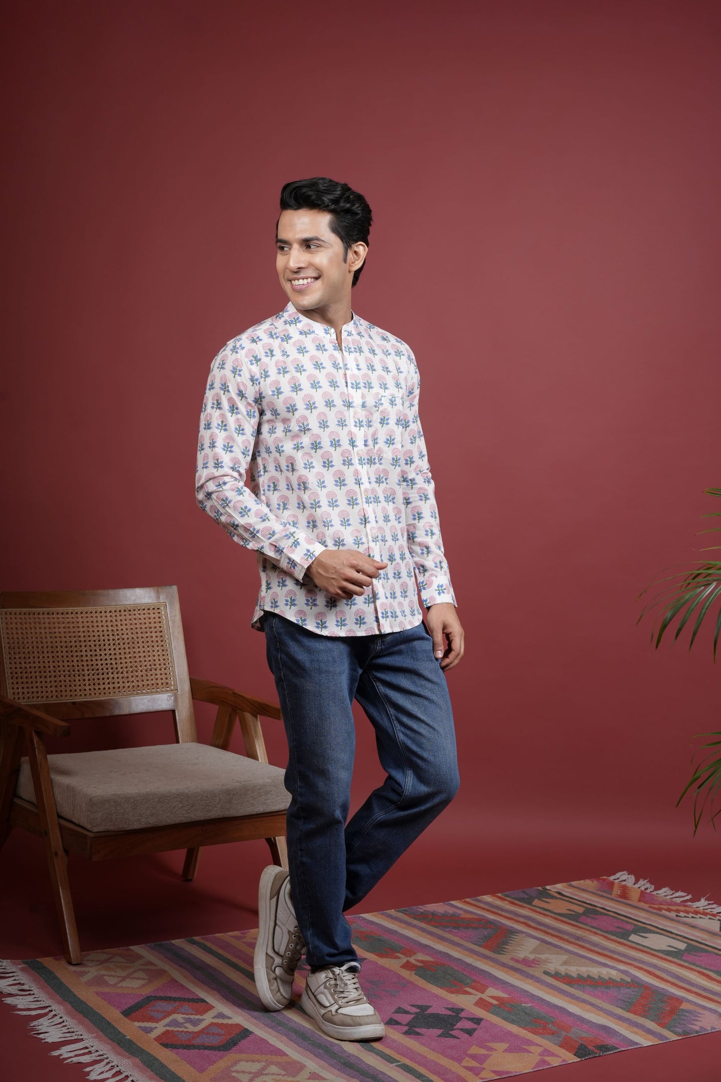 OFF WHITE,MULTICOLORED Chinese collar HANDBLOCK SHIRT FOR MEN'S