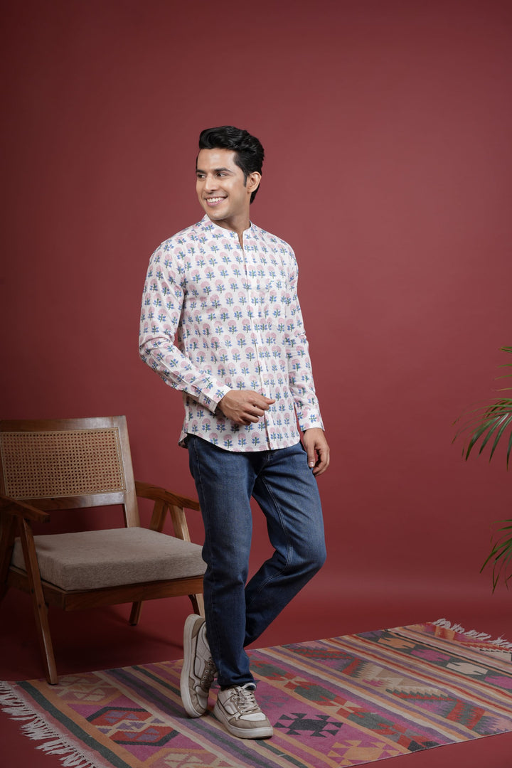 OFF WHITE,MULTICOLORED Chinese collar HANDBLOCK SHIRT FOR MEN'S