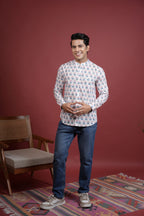 OFF WHITE,MULTICOLORED Chinese collar HANDBLOCK SHIRT FOR MEN'S