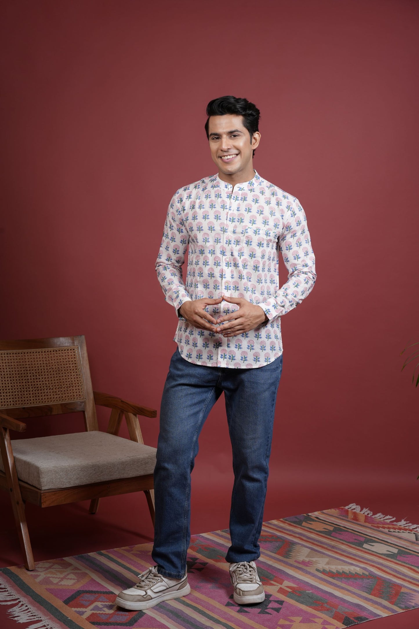 OFF WHITE,MULTICOLORED Chinese collar HANDBLOCK SHIRT FOR MEN'S