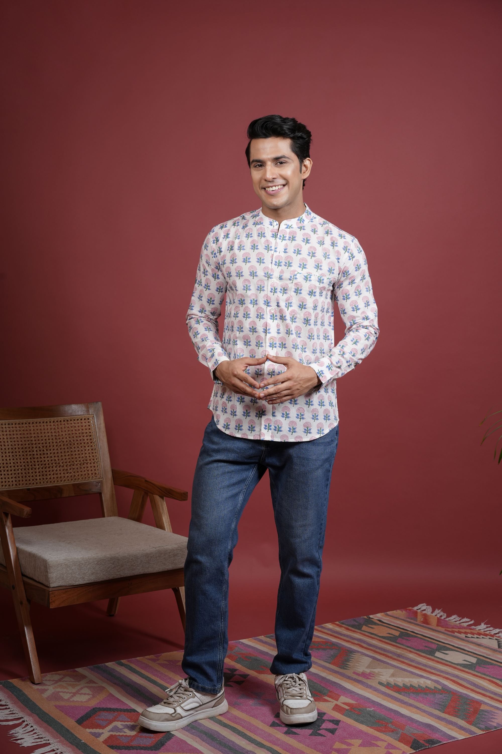 OFF WHITE,MULTICOLORED Chinese collar HANDBLOCK SHIRT FOR MEN'S