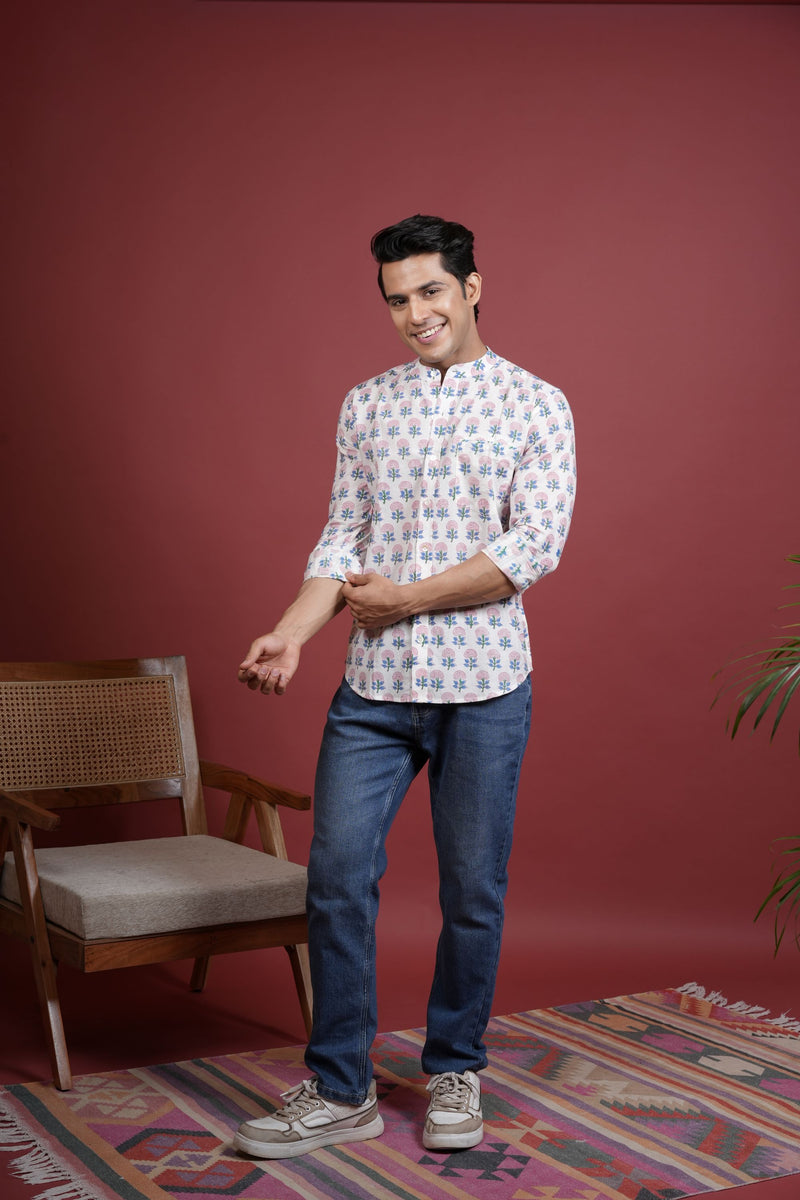 OFF WHITE,MULTICOLORED Chinese collar HANDBLOCK SHIRT FOR MEN'S