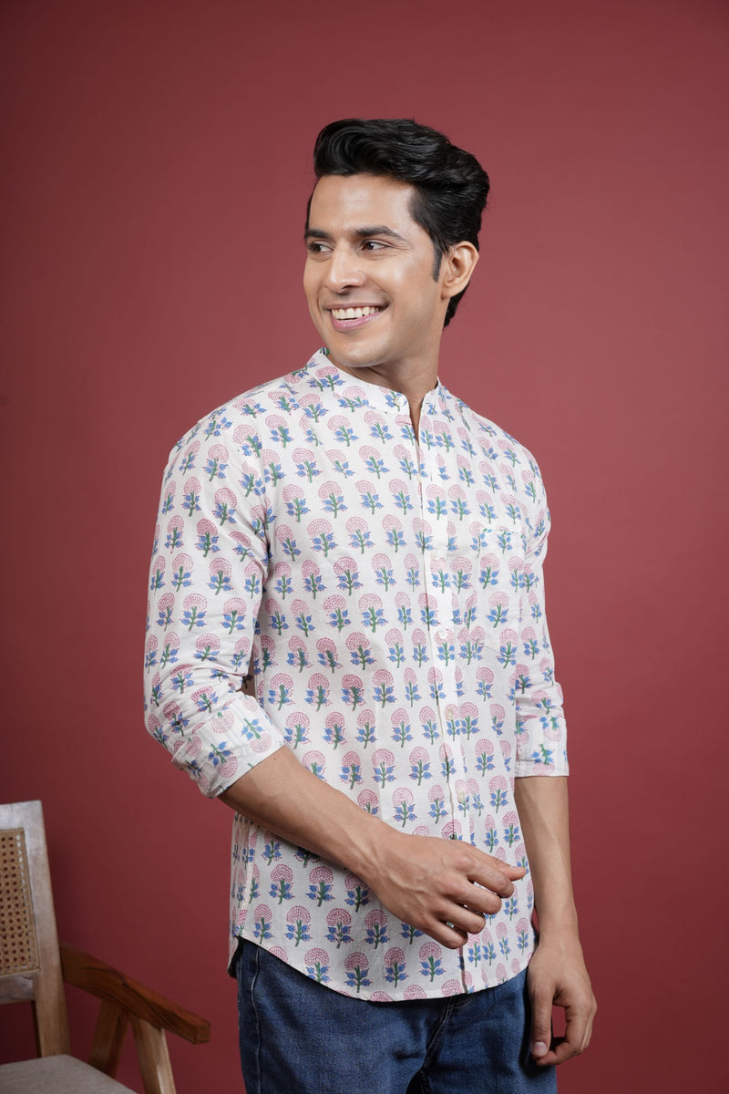 OFF WHITE,MULTICOLORED Chinese collar HANDBLOCK SHIRT FOR MEN'S