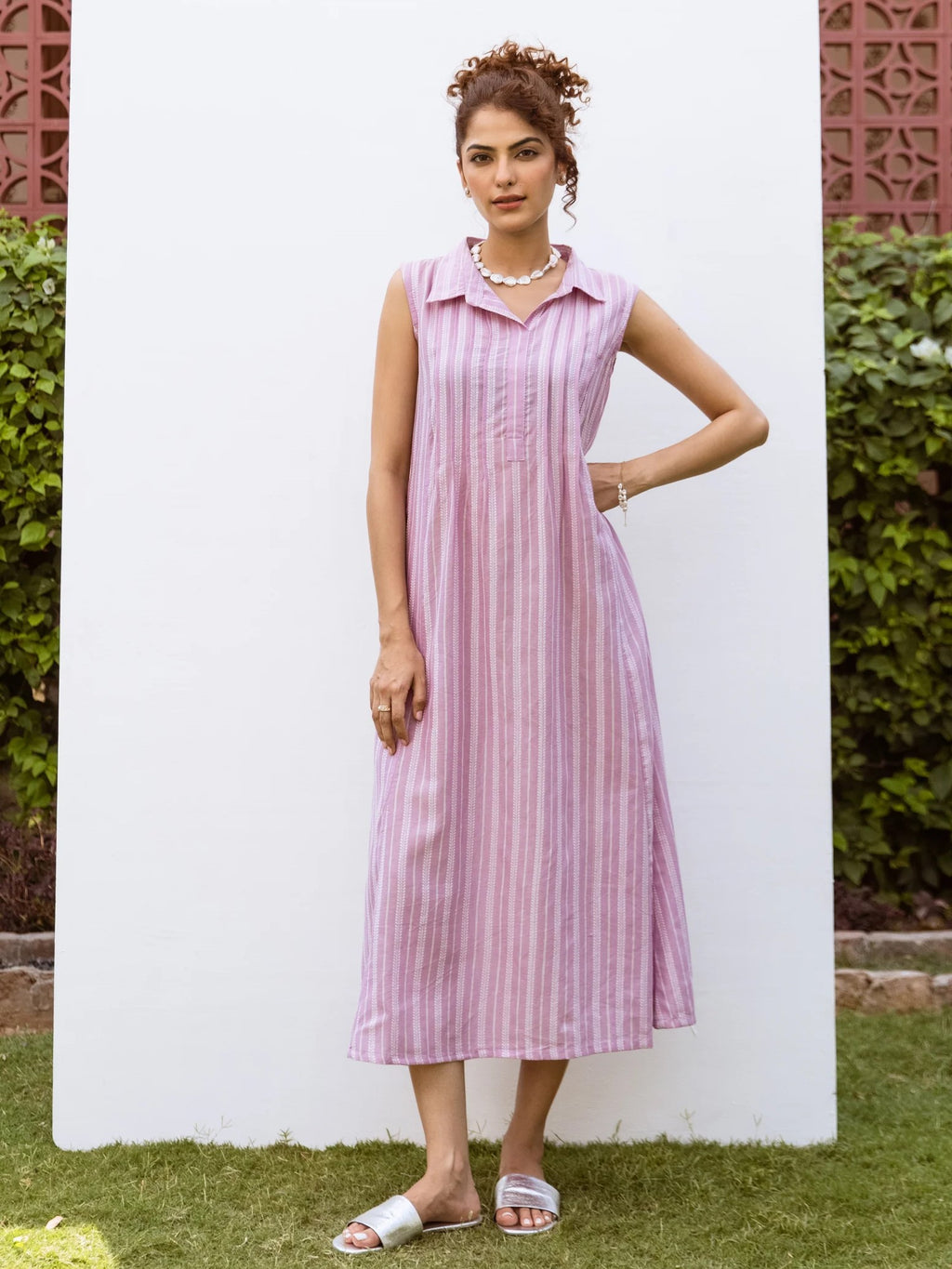 Lilac Cotton Handloom Collar Neck Dress For Women's