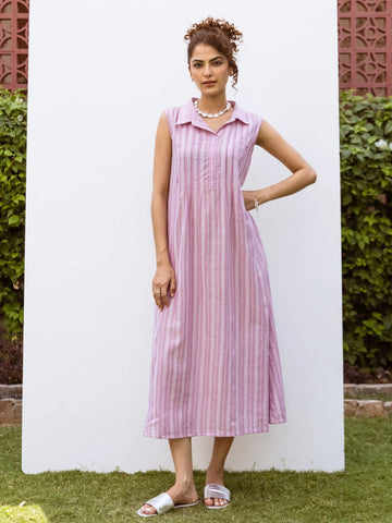 Lilac Cotton Handloom Collar Neck Dress For Women's
