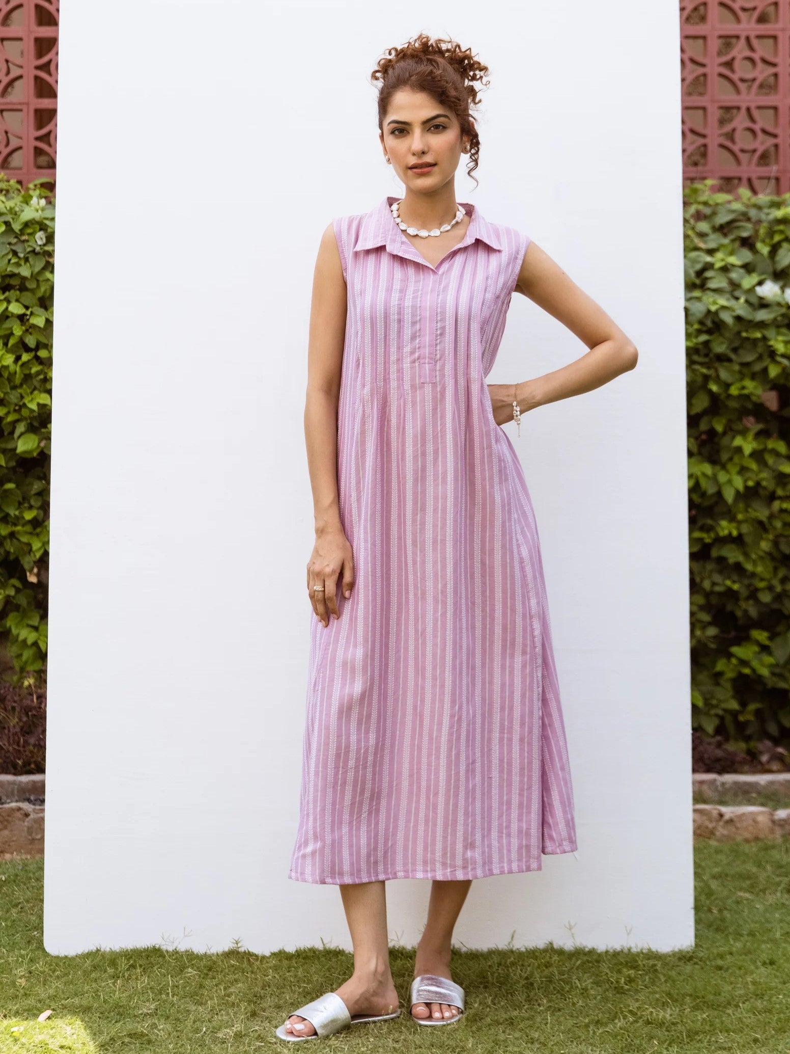 Lilac Cotton Handloom Collar Neck Dress For Women's