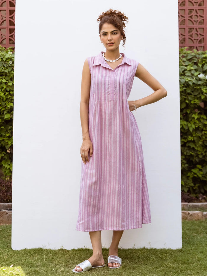Lilac Cotton Handloom Collar Neck Dress For Women's