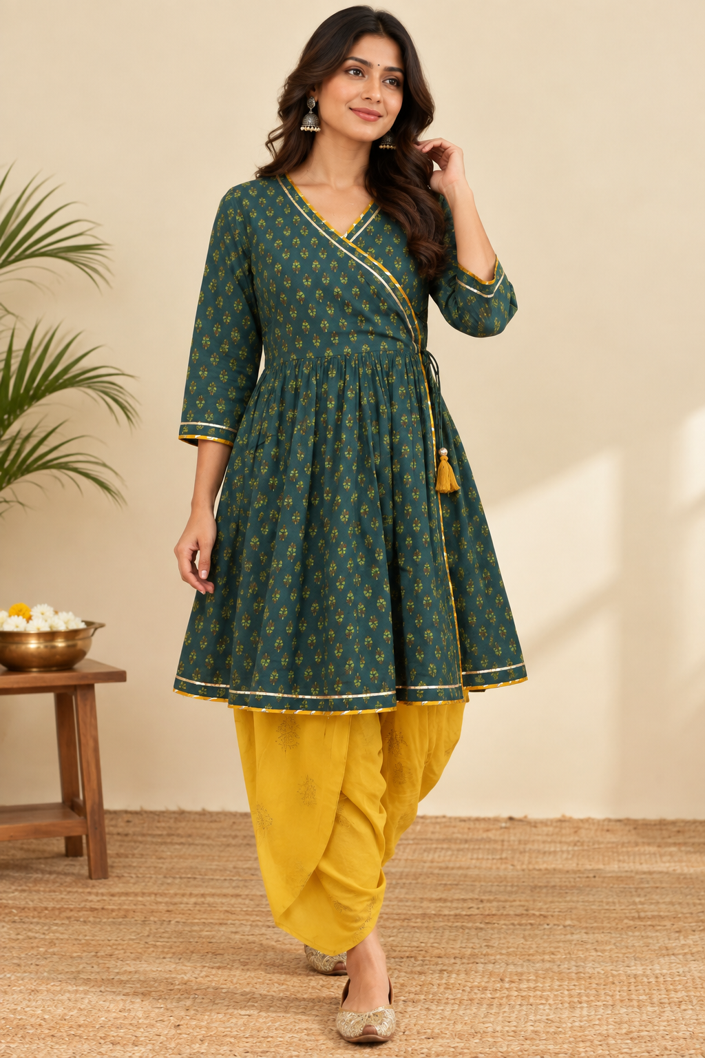 Teal Cotton Angrakha Kurta With Dhoti