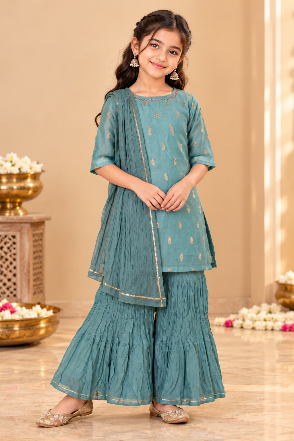 Gray Kids Girls Kurta Shrara and Dupatta Set