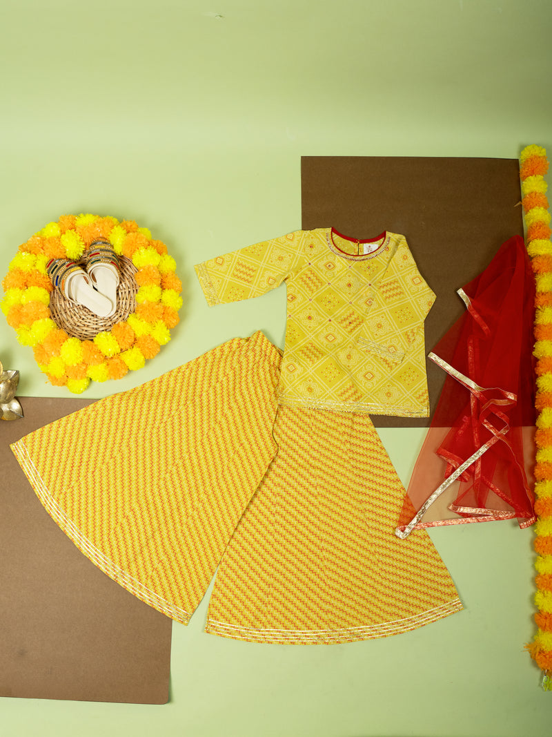 Yellow Cotton Printed 3 Pcs Sharara Set For Girls