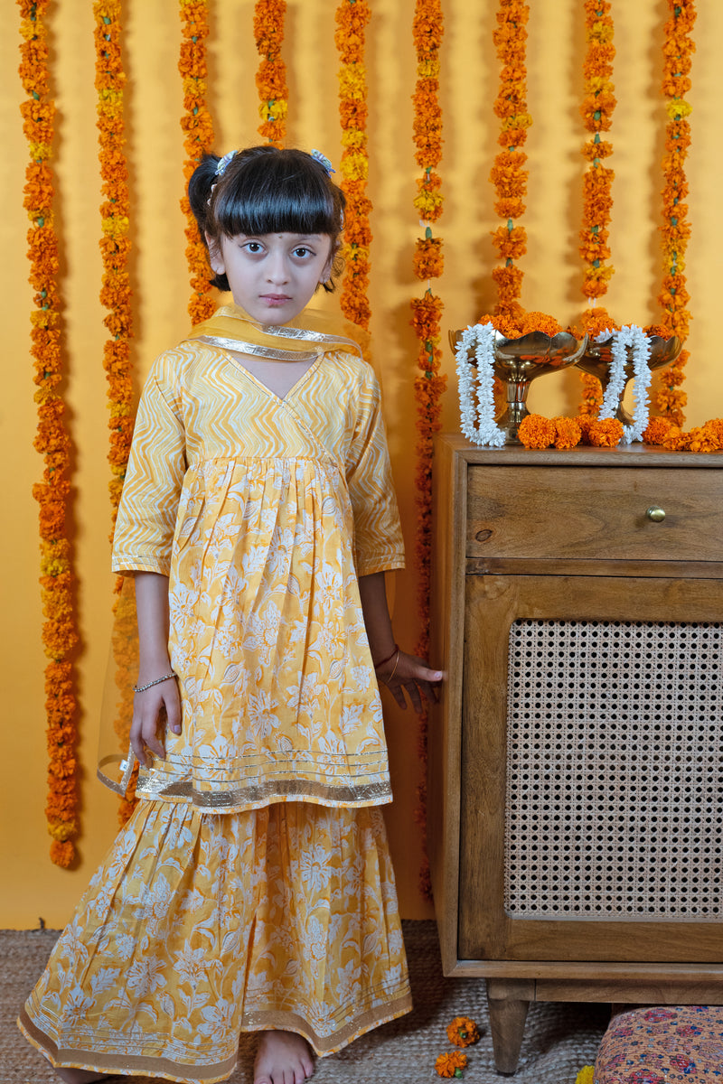 Yellow Cotton Kids Kurta & Shrara Set