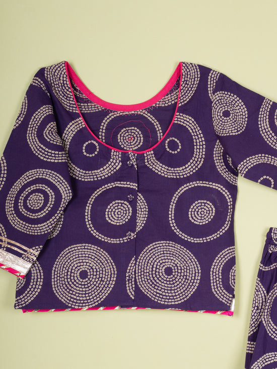 Brinjal Booti Work Round Neck Kids Girl Casual Kurta - Skirt - Dupatta