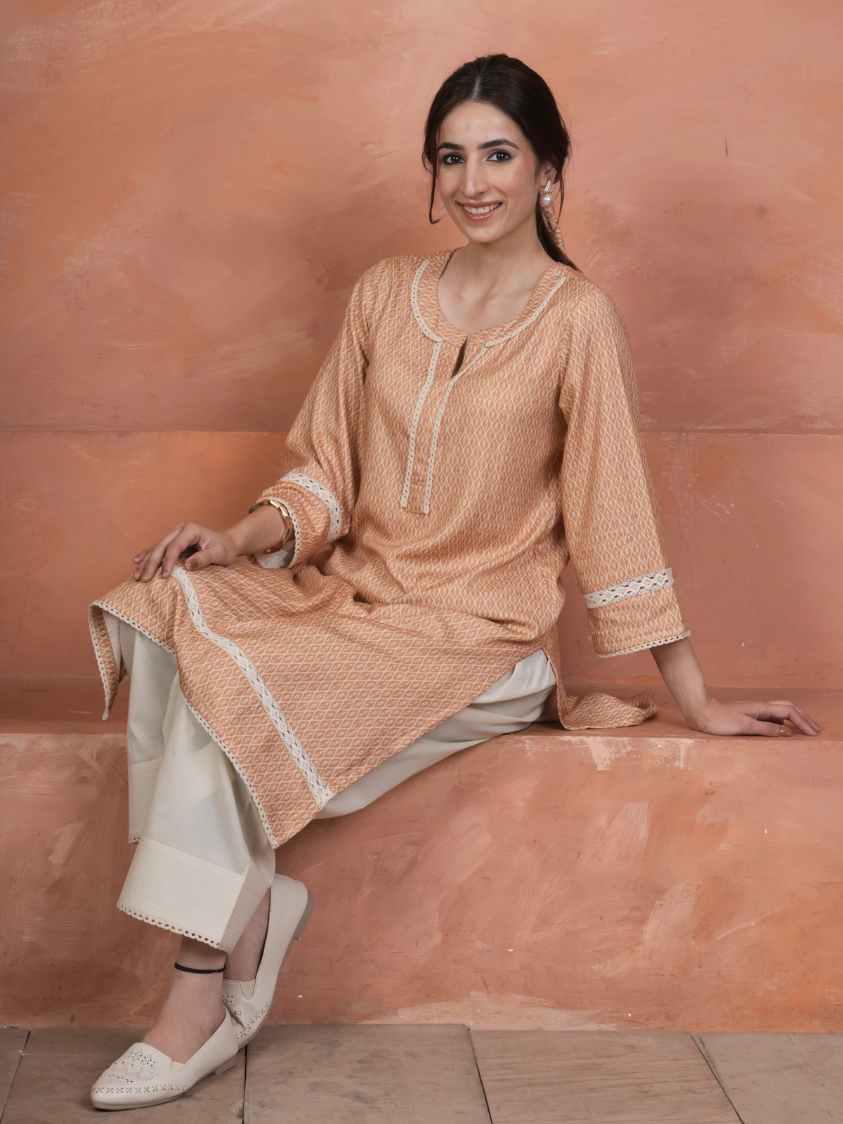Peach Viscose Twill Round with Slit Kurta Salwar Set For Women's