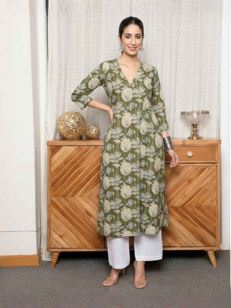 Green Colour Cotton V-Neck Floral Print Kurta For Women's