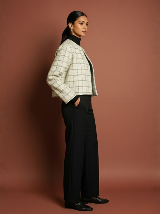 White Colour Merino Wool Round Neck Checkered Print Short Jacket For Women's