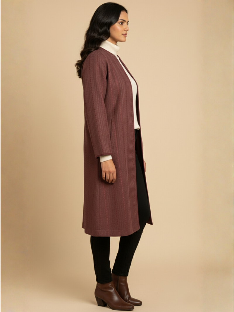 Wine Colour Merino Wool Round Neck Self Design Long Jacket For Women's