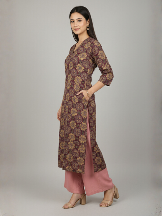 Purple Colour Cotton V-Neck Katha Print Kurta For Women's