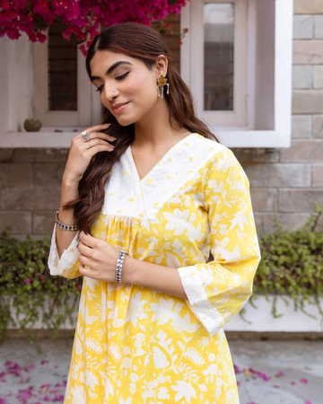 Yellow Cotton Kurta(Pant Not Included)
