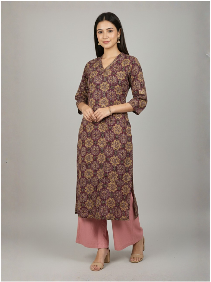 Purple Colour Cotton V-Neck Katha Print Kurta For Women's