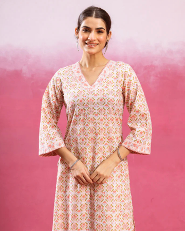 White & Peach Kurta (Pant And Dupatta Not Included)