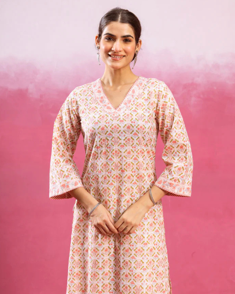 White & Peach Kurta (Pant And Dupatta Not Included)