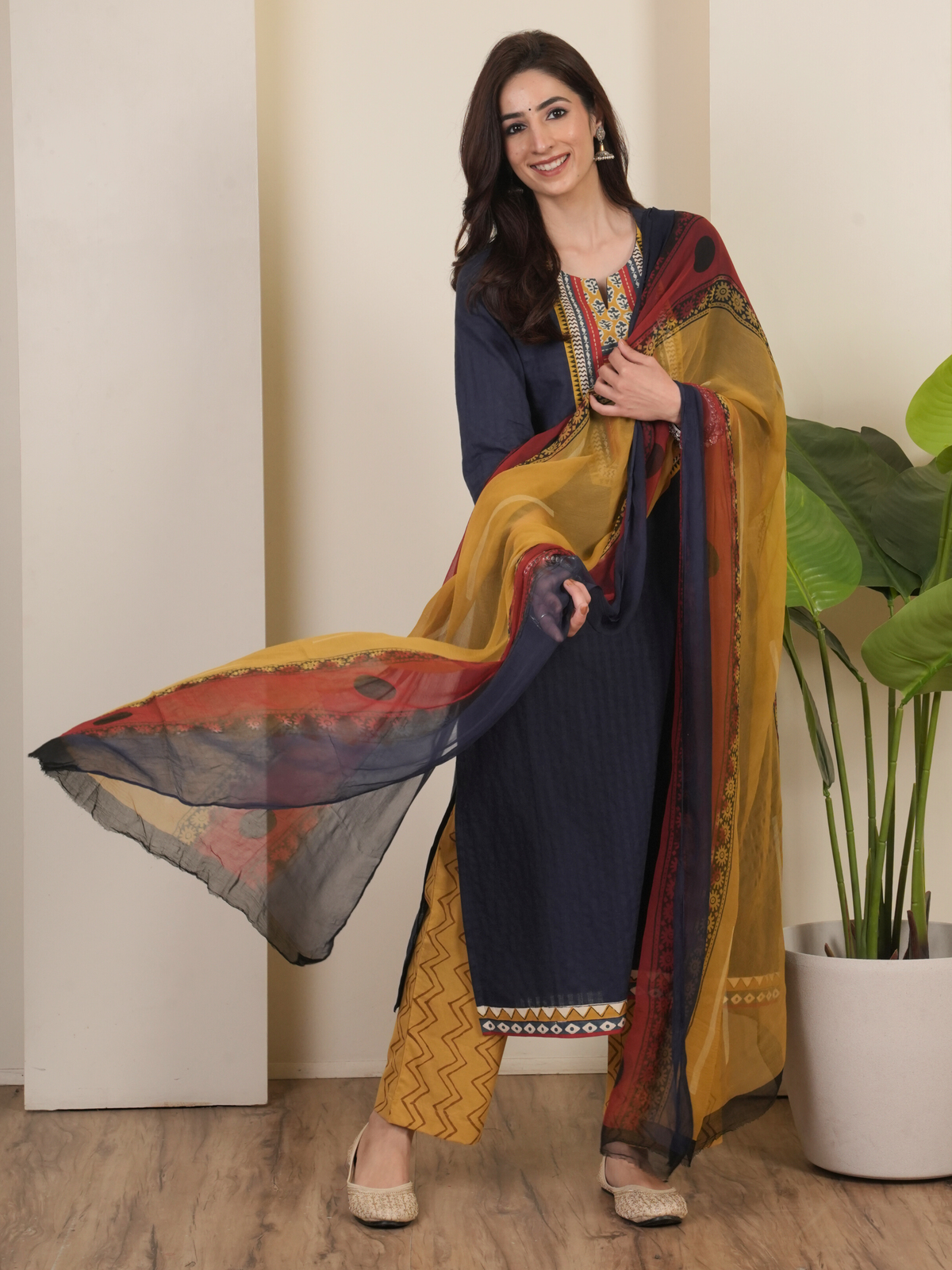 Navy Blue Cotton Round Neck Complete Suit Set For Women's