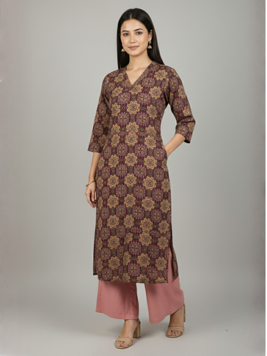 Purple Colour Cotton V-Neck Katha Print Kurta For Women's