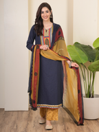Navy Blue Cotton Round Neck Complete Suit Set For Women's