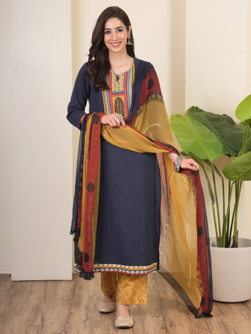 Navy Blue Cotton Round Neck Complete Suit Set For Women's