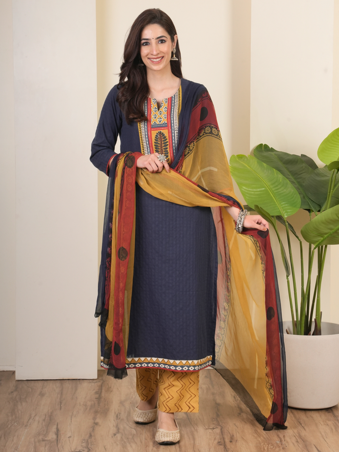 Navy Blue Cotton Round Neck Complete Suit Set For Women's