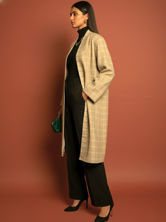 Beige Colour Merino Wool Collar Checkered Print Long Jacket For Women's