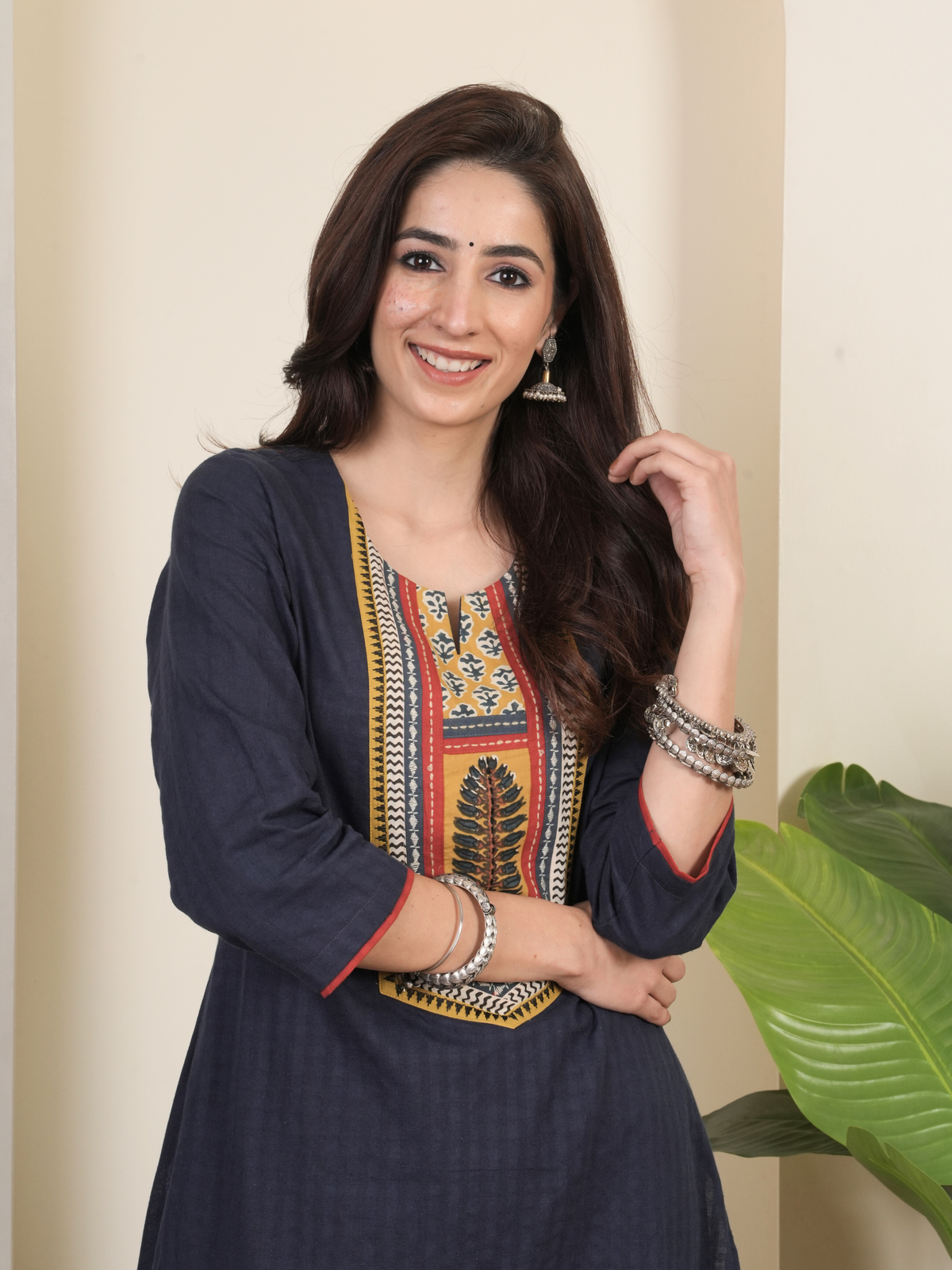 Navy Blue Cotton Round Neck Complete Suit Set For Women's