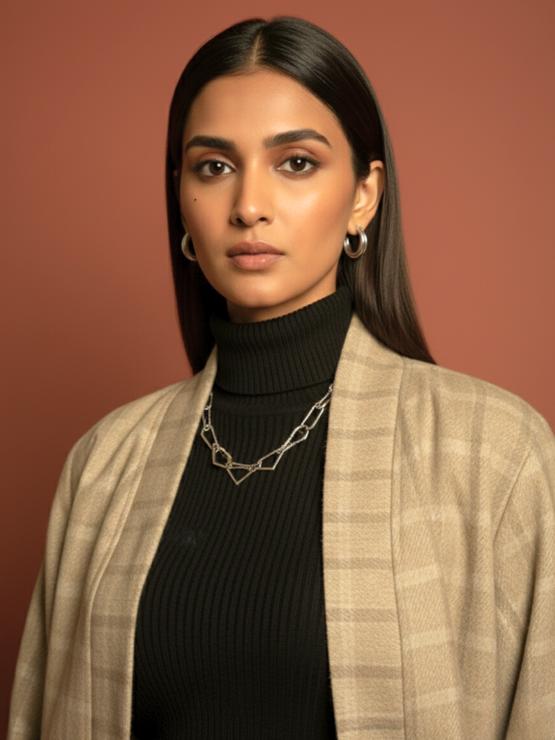 Beige Colour Merino Wool Collar Checkered Print Long Jacket For Women's