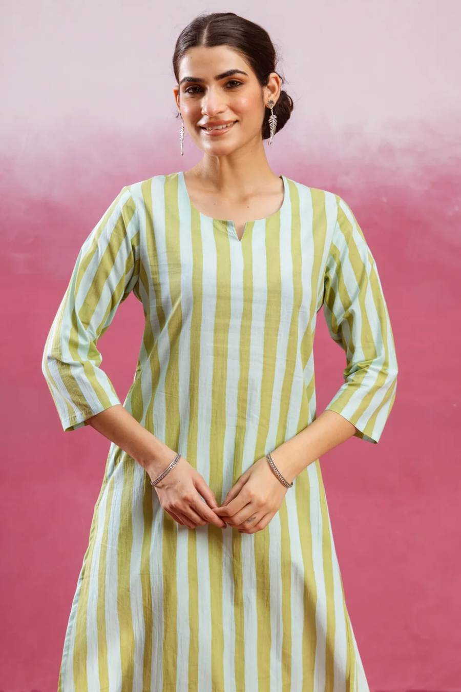 Lime Green & White Kurta  (Pant Not Included )