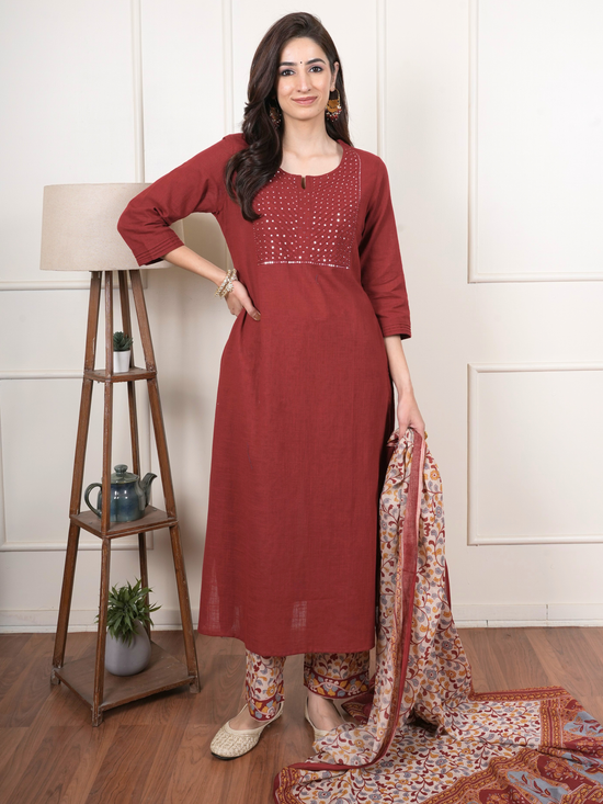 Maroon Cotton Round Neck Complete Suit Set For Women's