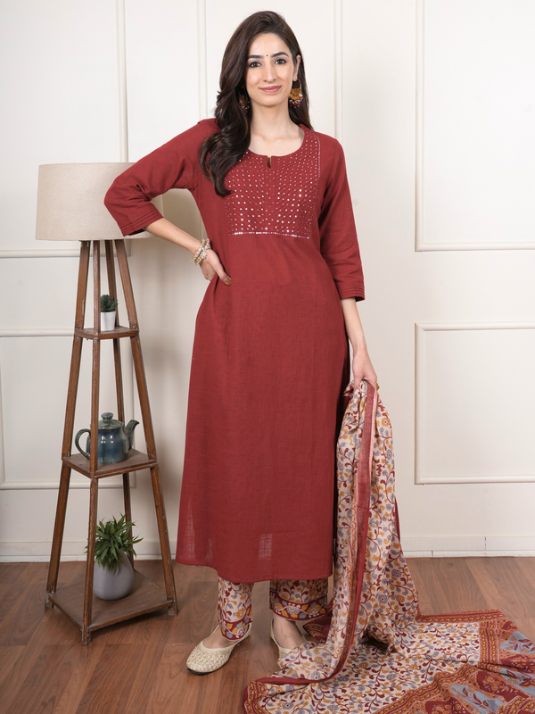 Maroon Cotton Round Neck Complete Suit Set For Women's